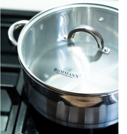 Cratita joasa din inox, 28 x 10cm, 6 litri, compatibila cu plita cu inductie, cu capac din sticla, Bohmann, BH 1028 [6]