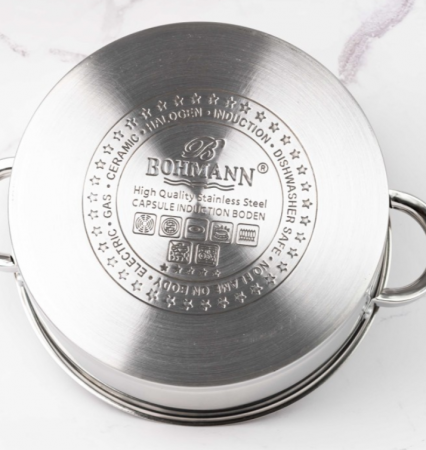 Cratita joasa din inox, 24 x 10cm, 4 litri, compatibila cu plita cu inductie, cu capac din sticla, Bohmann [3]