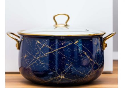 Cratita emailata, 24x15cm, 6.2 litri, manere titan aurii, capac sticla, inclusiv inductie, Goldmann, albastra [3]
