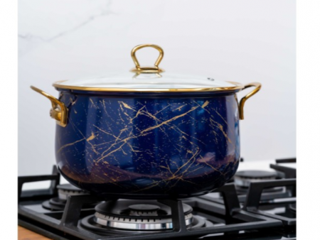 Cratita emailata, 24x15cm, 6.2 litri, manere titan aurii, capac sticla, inclusiv inductie, Goldmann, albastra [5]