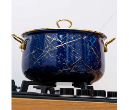 Cratita emailata, 24x15cm, 6.2 litri, manere titan aurii, capac sticla, inclusiv inductie, Goldmann, albastra [10]