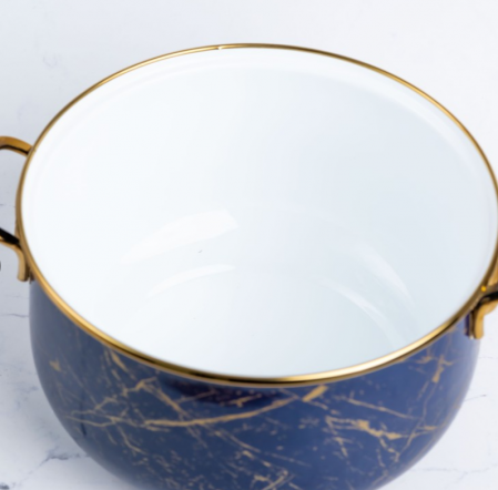 Cratita emailata, 24x15cm, 6.2 litri, manere titan aurii, capac sticla, inclusiv inductie, Goldmann, albastra [4]