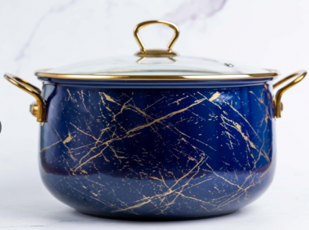 Cratita emailata, 24x15cm, 6.2 litri, manere titan aurii, capac sticla, inclusiv inductie, Goldmann, albastra [2]