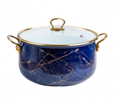 Cratita emailata, 24x15cm, 6.2 litri, manere titan aurii, capac sticla, inclusiv inductie, Goldmann, albastra [0]