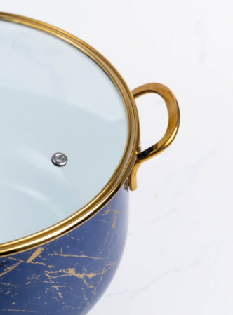 Cratita emailata, 24x15cm, 6.2 litri, manere titan aurii, capac sticla, inclusiv inductie, Goldmann, albastra [12]