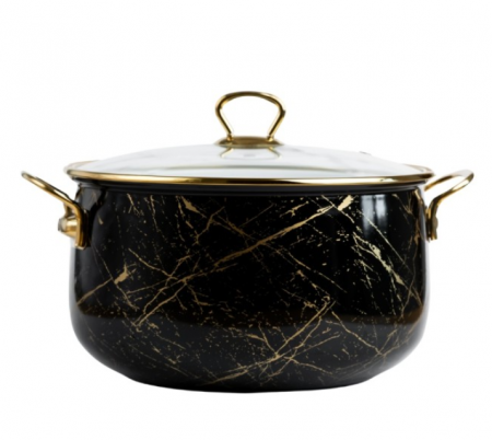 Oale si cratite - Cratita emailata, 22x14cm, 5 litri, manere titan aurii, capac sticla, inclusiv inductie, Goldmann, neagra