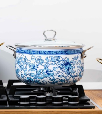 Cratita emailata, 26x16cm, 8.5 litri, manere cromate, capac sticla, inclusiv inductie, Goldmann, model floral albastru [2]