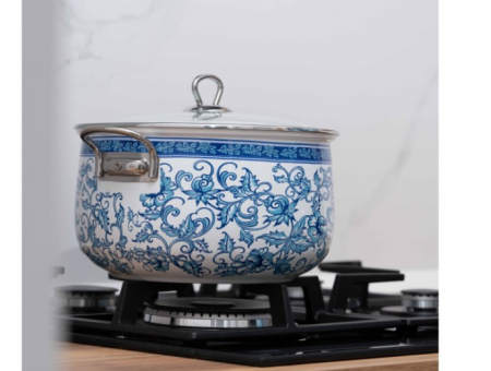 Cratita emailata, 26x16cm, 8.5 litri, manere cromate, capac sticla, inclusiv inductie, Goldmann, model floral albastru [10]