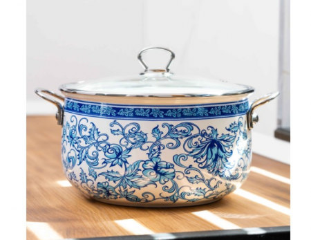 Cratita emailata, 26x16cm, 8.5 litri, manere cromate, capac sticla, inclusiv inductie, Goldmann, model floral albastru [3]