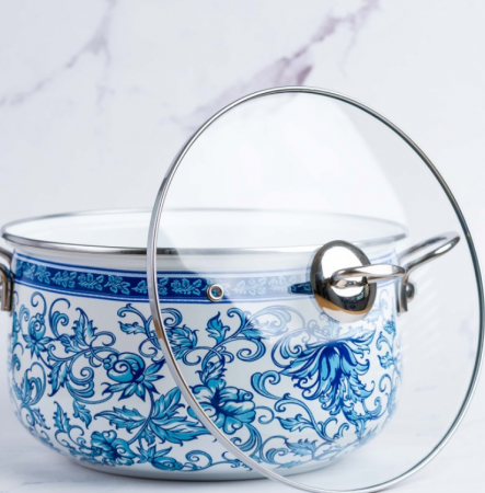 Cratita emailata, 26x16cm, 8.5 litri, manere cromate, capac sticla, inclusiv inductie, Goldmann, model floral albastru [12]