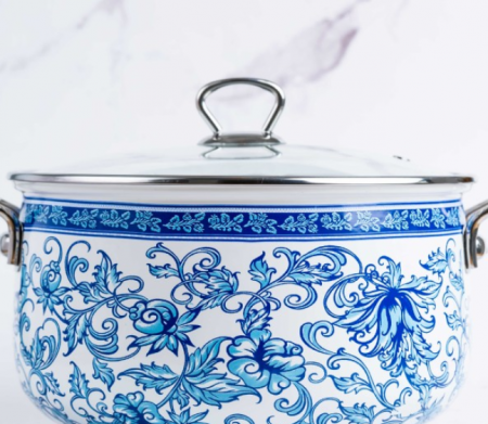 Cratita emailata, 26x16cm, 8.5 litri, manere cromate, capac sticla, inclusiv inductie, Goldmann, model floral albastru [8]