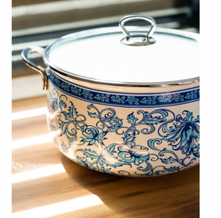 Cratita emailata, 26x16cm, 8.5 litri, manere cromate, capac sticla, inclusiv inductie, Goldmann, model floral albastru [1]