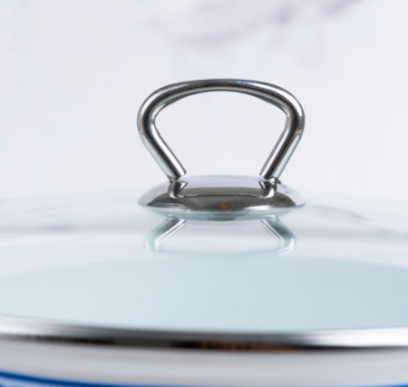 Cratita emailata, 26x16cm, 8.5 litri, manere cromate, capac sticla, inclusiv inductie, Goldmann, model floral albastru [11]