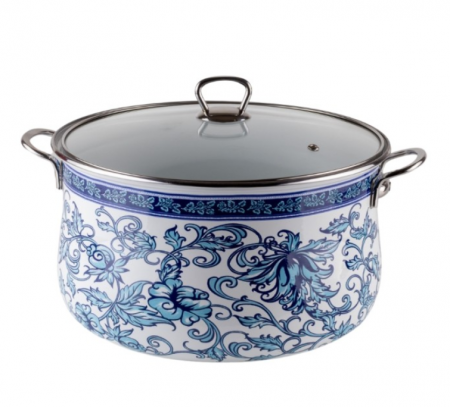 Cratita emailata, 26x16cm, 8.5 litri, manere cromate, capac sticla, inclusiv inductie, Goldmann, model floral albastru [0]