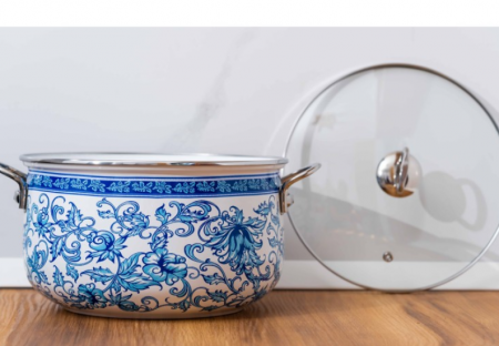 Cratita emailata, 26x16cm, 8.5 litri, manere cromate, capac sticla, inclusiv inductie, Goldmann, model floral albastru [4]