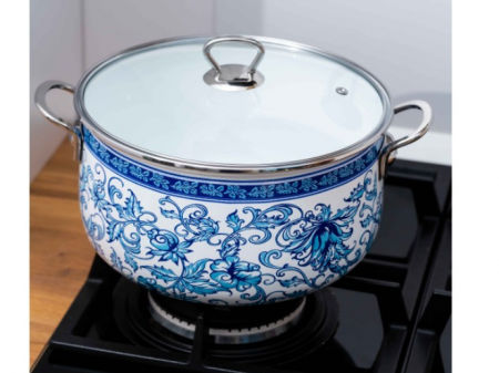 Cratita emailata, 26x16cm, 8.5 litri, manere cromate, capac sticla, inclusiv inductie, Goldmann, model floral albastru [5]