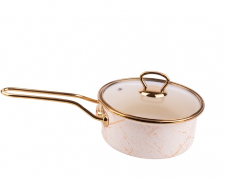Cratita emailata cu maner, 16x8cm, 1.5 litri, manere titan aurii, capac sticla, inclusiv inductie, Goldmann, bej [0]