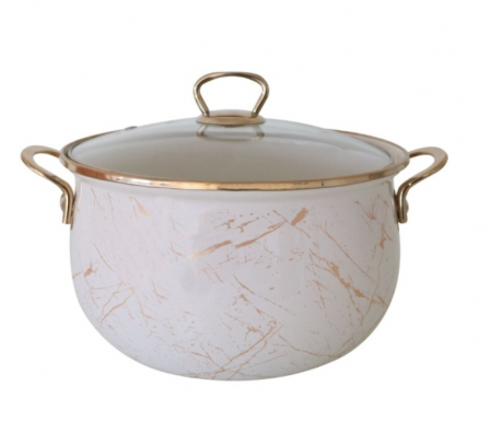 Cratita emailata, 24x15cm, 6.2 litri, manere titan aurii, capac sticla, inclusiv inductie, Goldmann, bej [0]