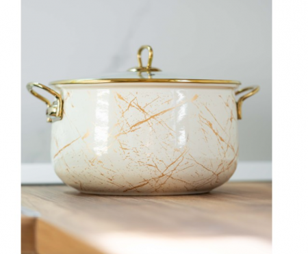 Cratita emailata, 24x15cm, 6.2 litri, manere titan aurii, capac sticla, inclusiv inductie, Goldmann, bej [5]