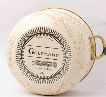 Cratita emailata, 24x15cm, 6.2 litri, manere titan aurii, capac sticla, inclusiv inductie, Goldmann, bej [2]