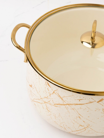 Cratita emailata, 24x15cm, 6.2 litri, manere titan aurii, capac sticla, inclusiv inductie, Goldmann, bej [4]