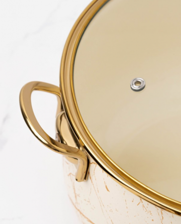 Cratita emailata, 24x15cm, 6.2 litri, manere titan aurii, capac sticla, inclusiv inductie, Goldmann, bej [9]