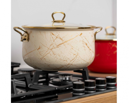 Cratita emailata, 24x15cm, 6.2 litri, manere titan aurii, capac sticla, inclusiv inductie, Goldmann, bej [6]