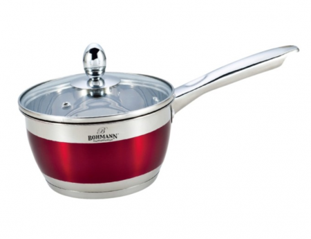 Bucatarie & Servire masa - Cratita pentru sos din inox, 2.5l, 18cm, capac sticla termorezistent, inclusiv inductie, Bohmann, Rosie