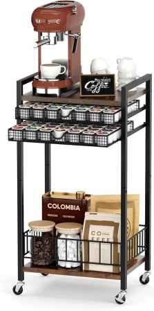 Oale sub presiune - Suport capsule cafea Emfogoo, cu sertar pentru 84 capsule, masuta cafea cu roti, organizator bar acasa sau birou, culoare rustic brown