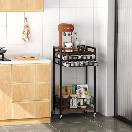 Suport capsule cafea Emfogoo, cu sertar pentru 84 capsule, masuta cafea cu roti, organizator bar acasa sau birou, culoare rustic brown [1]
