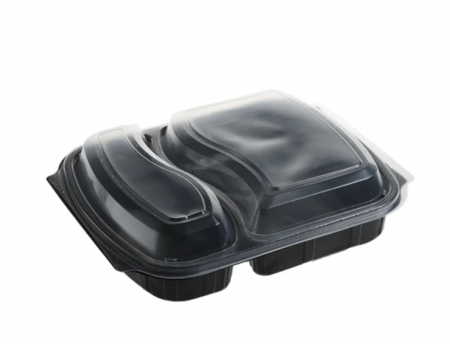 Vesela unica folosinta - Caserole meniu 2 compartiment, PP, negru + Capac,100 buc/set