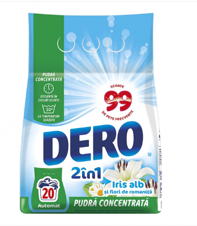 Detergent Rufe - Detergent automat Dero Iris alb si flori de romanita, 1.5 kg, 20 spalari