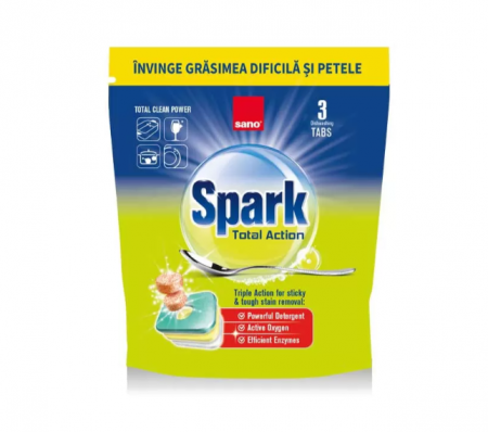 Curatenie - Detergent de vase Sano Spark Total Action, 3 tablete