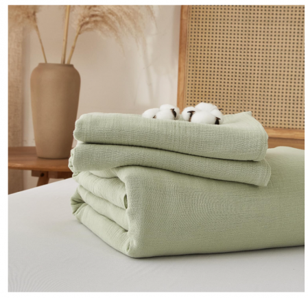 Set husă pilotă muselină bumbac 240 × 220 cm + 2 fețe pernă 65 × 65 cm – culoare verde, moale, respirabil, cu fermoar [6]