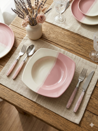 Farfurie adanca patrata 21 cm, ceramica, design bicolor roz/crem, rezistenta, usor de curatat [2]