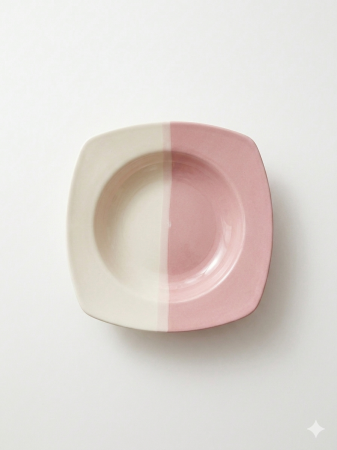 Farfurii - Farfurie adanca patrata 21 cm, ceramica, design bicolor roz/crem, rezistenta, usor de curatat