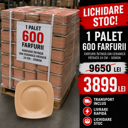 Palet cu 600 x Farfurie intinsa din ceramica, patrata 24 cm, somon, pentru servire masa