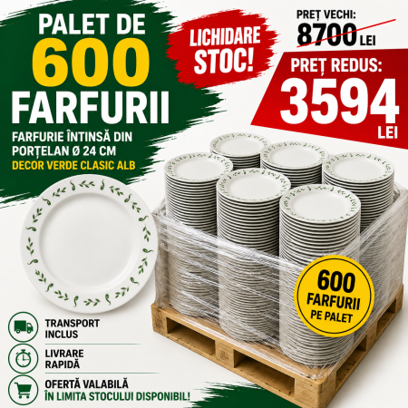 Bucatarie & Servire masa - Palet cu 600 x Farfurie intinsa din portelan, Ø 24 cm, decor verde clasic, alb