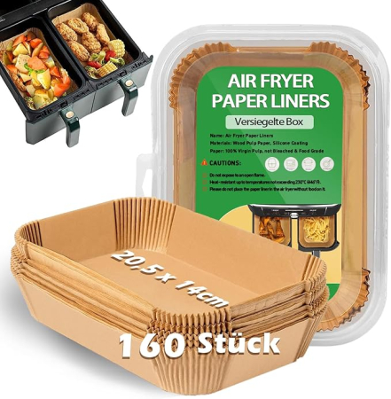 Lichidare Stoc - Hartie de copt pentru friteuza cu aer, set 160 bucati, 20.5 x 14 cm, dreptunghiulara, compatibila Ninja Dual si alte friteuze dual zone