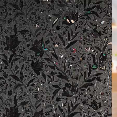 Lichidare Stoc - Folie pentru geam rabbitgoo, opaca, model floral cu lalele, neagra, protectie intimitate si protectie UV, efect de umbrire, pentru ferestre, dormitor si baie, 90 x 400 cm
