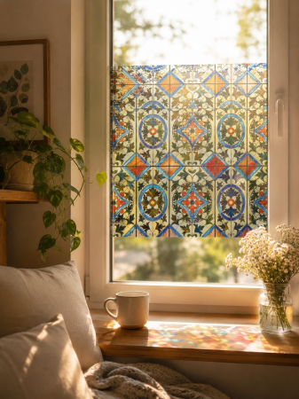 Textile & Decoratiuni - Folie decorativa pentru geam, model vitraliu floral geometric, 60 x 90 cm, folie pentru intimitate si decorare ferestre