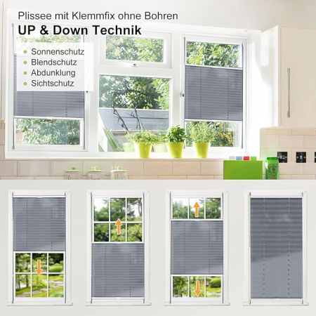 Rulou plisat Klemmfix fara gaurire, 75 x 130 cm, gri, protectie solara si intimitate [2]