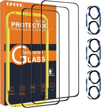 Textile & Decoratiuni - set 3 folii sticla securizata iPhone 16 + 3 protectii camera, 9H+ tempered glass, rezistent la socuri, full edge coverage, cu kit instalare