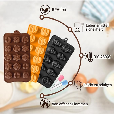 Set 3 forme de ciocolata din silicon, schelet si dovleac, cu 2 pipete, antiaderente, pentru Halloween, Paste si dulciuri [6]