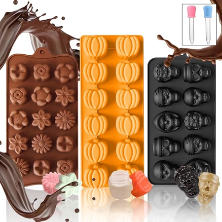 Forme prajituri - Set 3 forme de ciocolata din silicon, schelet si dovleac, cu 2 pipete, antiaderente, pentru Halloween, Paste si dulciuri