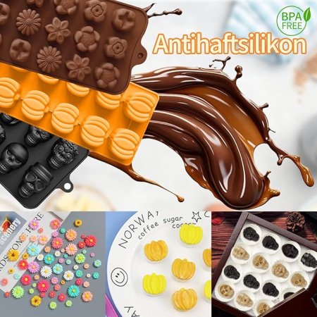 Set 3 forme de ciocolata din silicon, schelet si dovleac, cu 2 pipete, antiaderente, pentru Halloween, Paste si dulciuri [2]