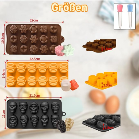 Set 3 forme de ciocolata din silicon, schelet si dovleac, cu 2 pipete, antiaderente, pentru Halloween, Paste si dulciuri [4]
