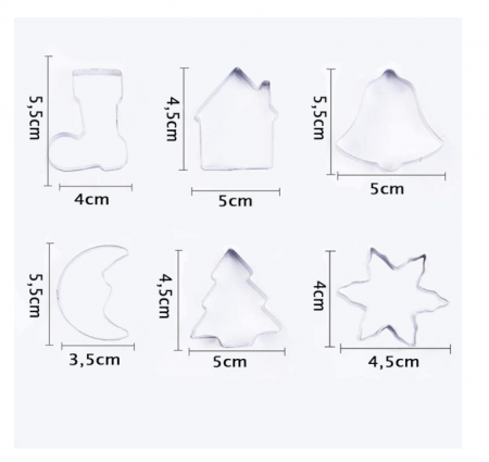 Set 6 forme din inox alimentar (brad, fulg, ciorap, clopoțel, casei de turtă, lună), decupatoare [1]