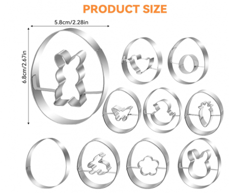 Set 10 forme biscuiți – inox alimentar, motive Paște (iepure, ou, rândunică, morcov etc.) 6,8 cm [1]