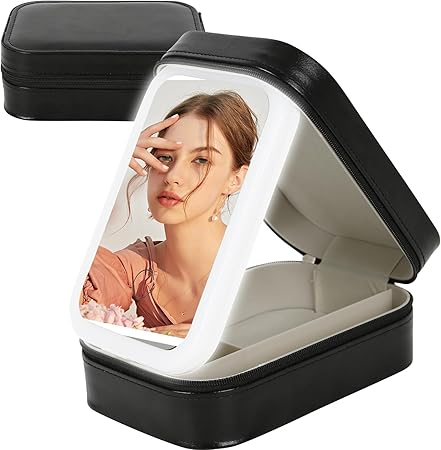 Incaltaminte - Ggeanta cosmetice cu oglinda iluminata, organizator portabil machiaj cu lumina LED 3 culori si divizoare, negru